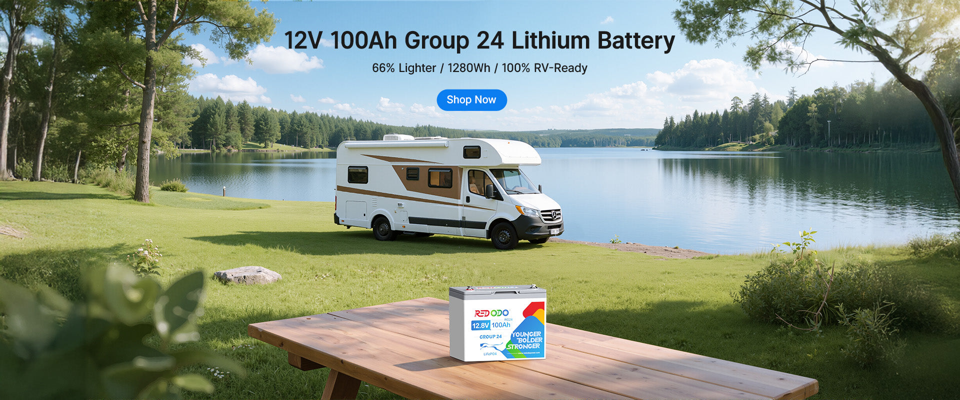 12V 100Ah Group 24 Lithium Battery with an RV parked by a lake
