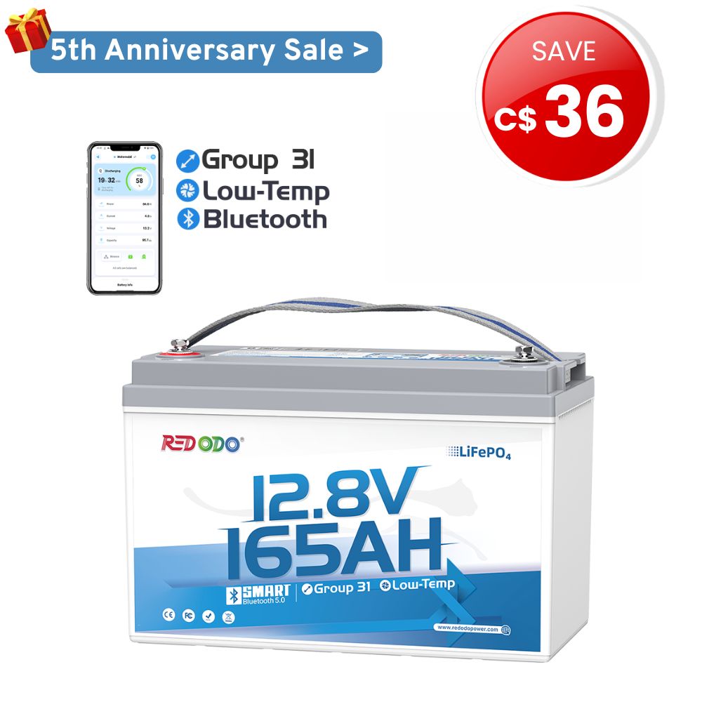 🔥【Sale Price-Save C$36】Redodo 12V 165Ah Group 31 Bluetooth Lithium Battery | For RV, Marine, Solar Home