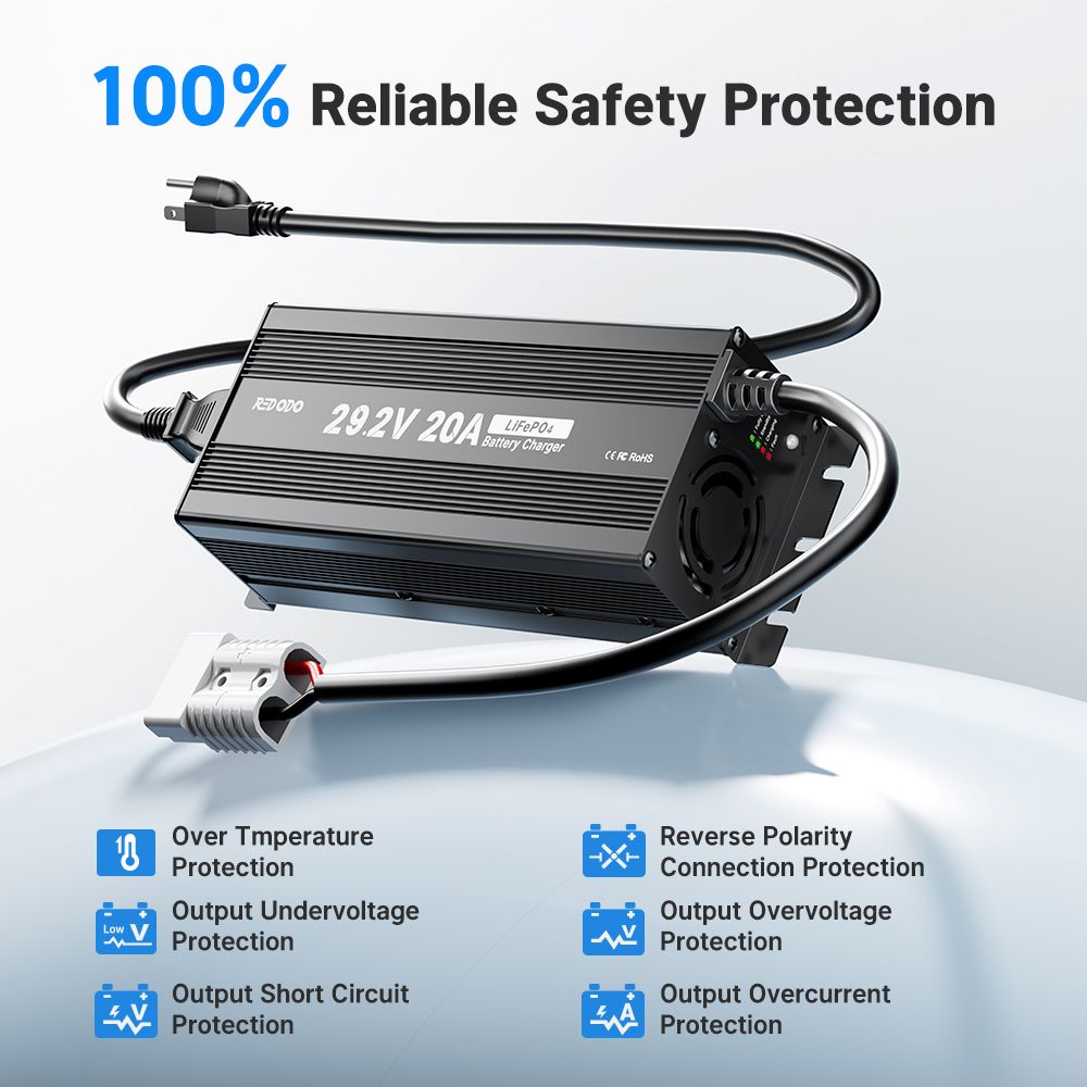 Redodo 29.2V 20A LiFePO4 Battery Charger |AC-DC Charger with 100% reilable safety protection