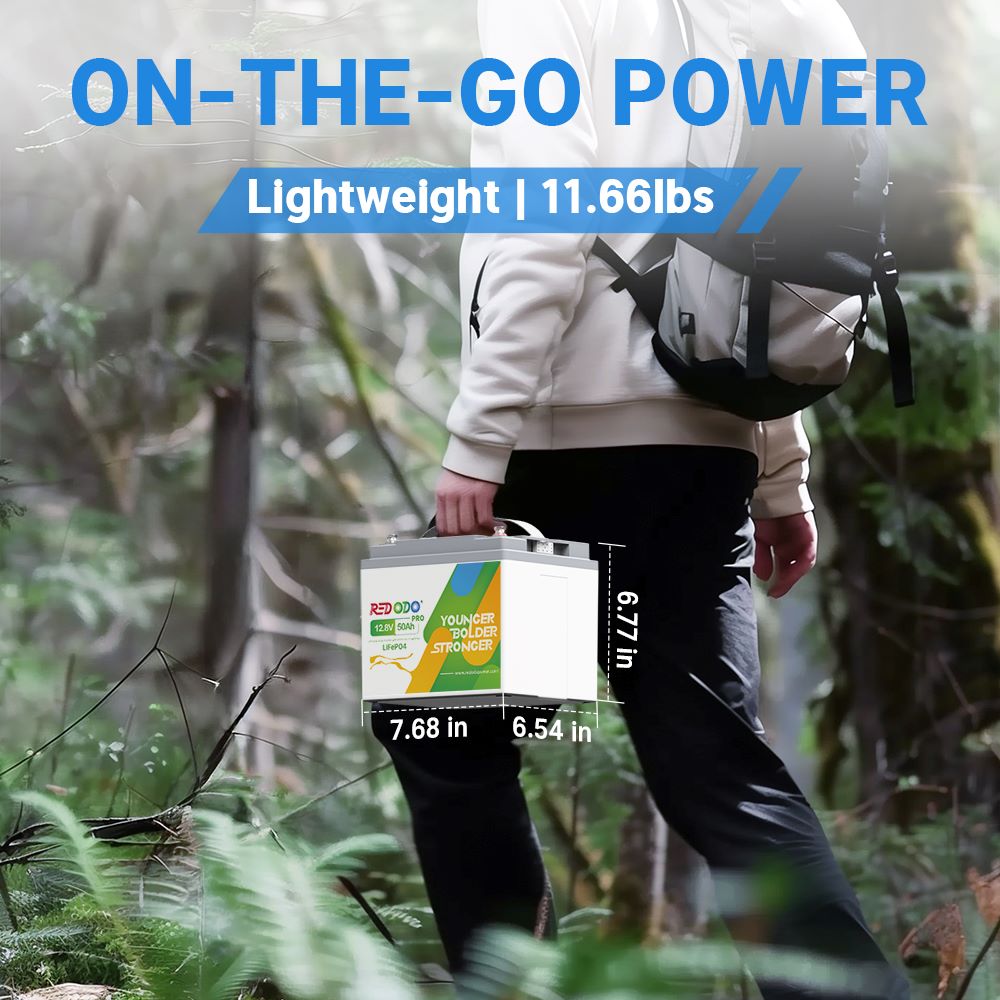 Person hiking in a forest carrying a portable Redodo 12V 50Ah lithium battery