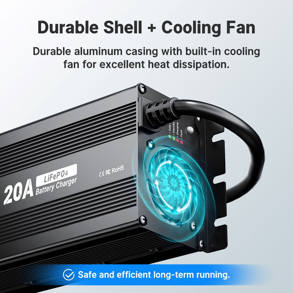 Redodo 29.2V 20A Update MINI Size LiFePO4 Battery Charger + cooling fan