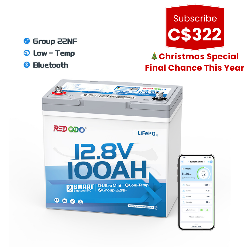🎄【C$322 After Subscribe】Redodo Ultra-Mini 12V 100Ah Bluetooth Small Lithium Battery | Group 22NF Size Redodo CA