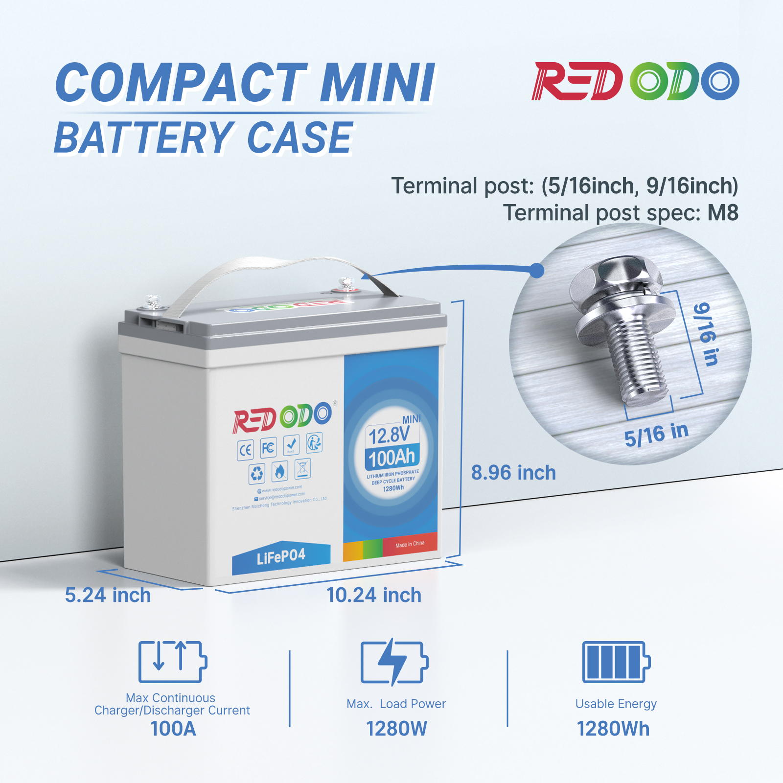 Redodo 12V 100Ah Mini LiFePO4 battery | 1.28kWh & 1.28kW