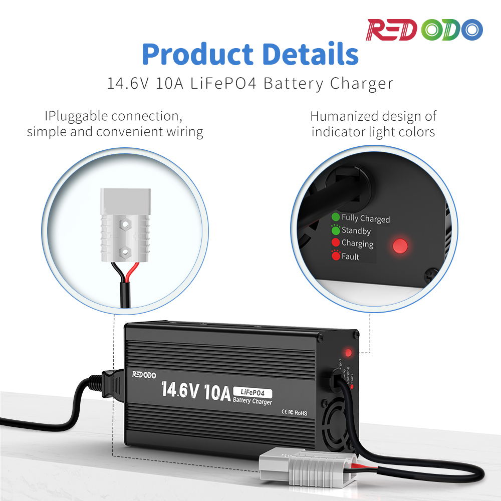 Redodo 14.6V 10A LiFePO4 Battery Charger - Fast Charger For 12V Lithium Iron Phosphate Batteries