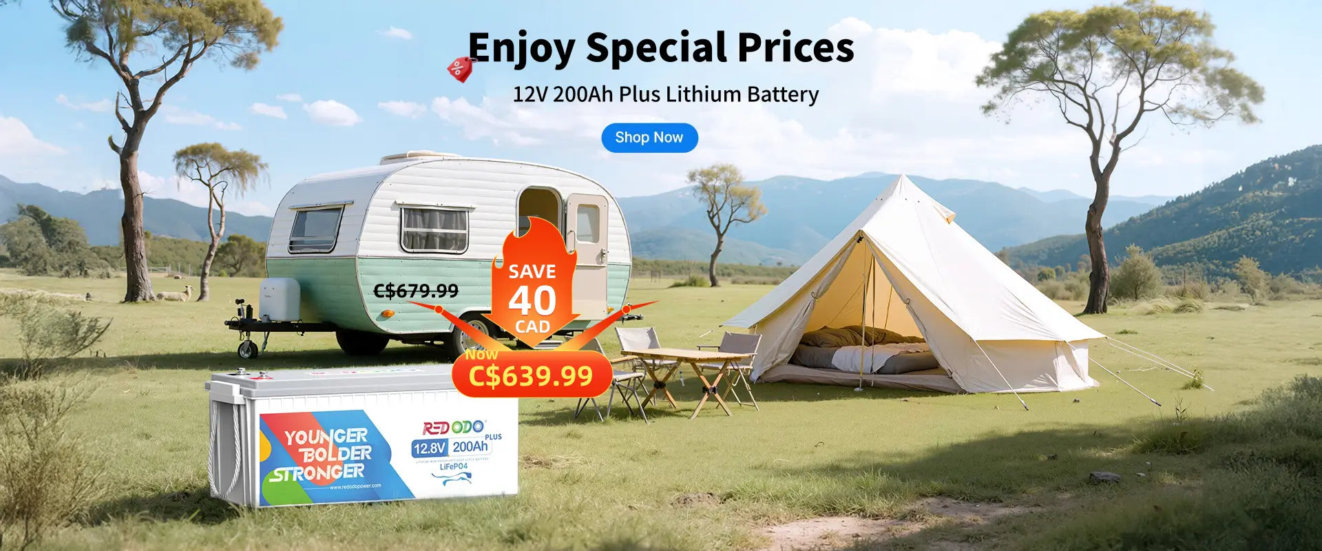 Camping scene with a trailer and tent in a scenic outdoor setting, featuring a promotional banner for a redodo battery.